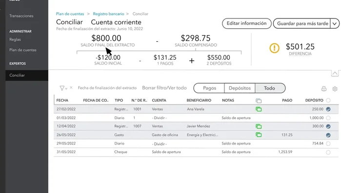 Las transacciones ya conciliadas por QuickBooks tendrán una marca de verificación; no te preocupes por ellas.