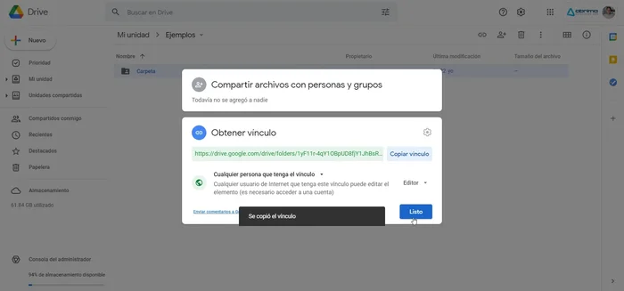 Envía el vínculo a las personas con las que deseas compartir la carpeta.