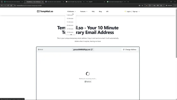 Seleccionar la duración del correo (5-30 minutos).