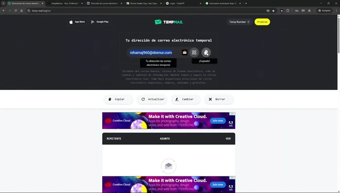 Copiar la dirección de correo electrónico temporal que se muestra.