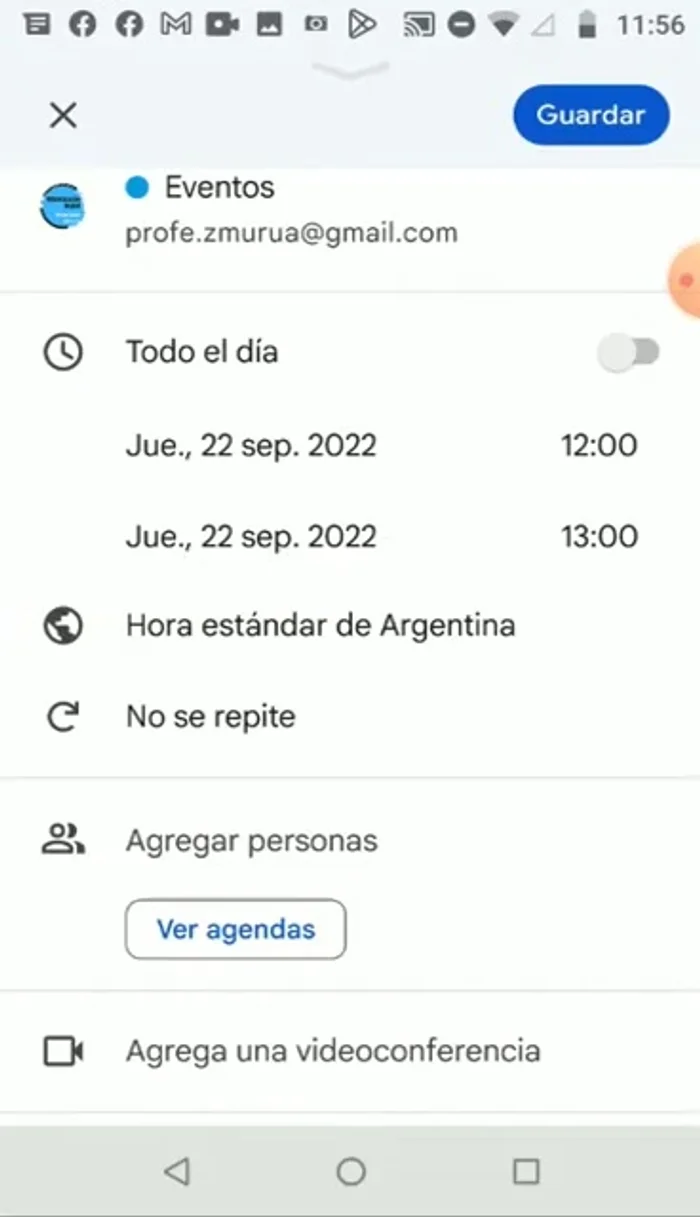 Seleccionar la fecha y hora de inicio y fin del evento. Si es un evento de todo el día, activar el botón correspondiente.