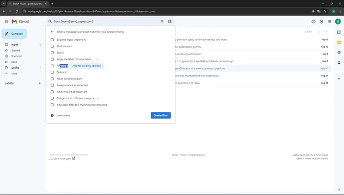 Agregar la dirección de correo de destino (la cuenta secundaria donde se reenviarán los correos).