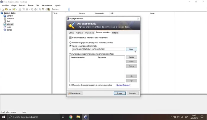 Crear la secuencia de tabulación en Keepass, usando el número correcto de pulsaciones de Tab para cada campo.