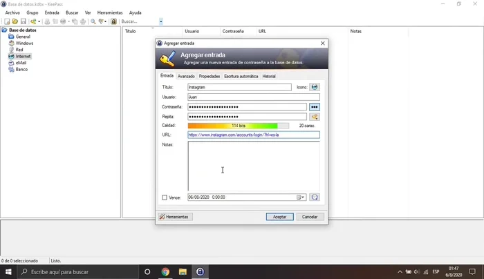 Crear la secuencia de tabulación en Keepass, usando el número correcto de pulsaciones de Tab para cada campo.