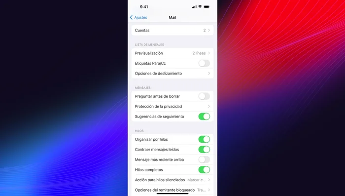 Protección de privacidad: Activa esta opción para mayor seguridad al descargar correos, previniendo datos de rastreo de IP.