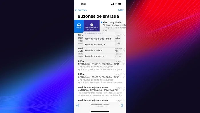 Selección múltiple: Selecciona varios correos para eliminar, archivar, o reenviar simultáneamente.
