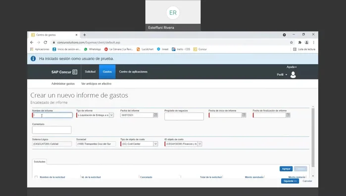 Rellenar los datos del informe: propósito de negocio, fecha de inicio y fin, monto solicitado: