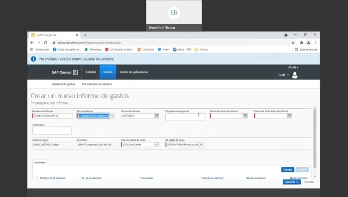 Rellenar los datos del informe: propósito de negocio, fecha de inicio y fin, monto solicitado: