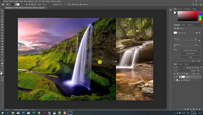 Con el clic sostenido, traza una línea de derecha a izquierda sobre la máscara para aplicar el degradado. La ubicación de la línea determina el área de fusión.