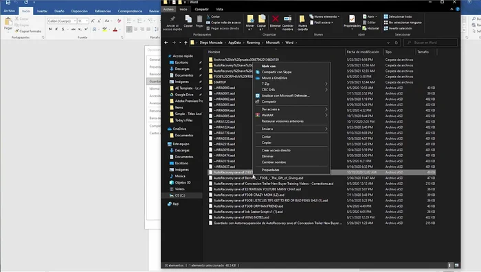 Busca el archivo .asd, ábrelo con Word.