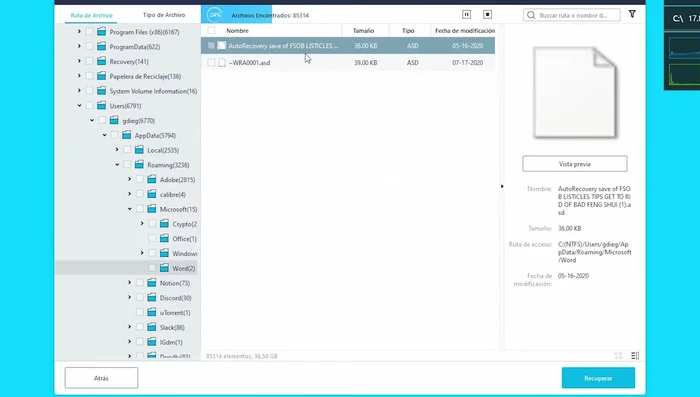 Selecciona el archivo y presiona 'Recuperar'.