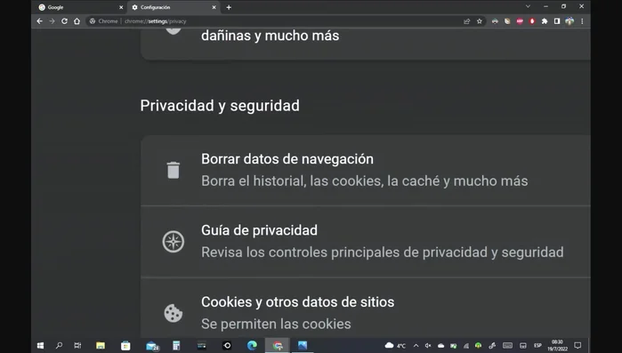 Tildar 'Cookies y otros datos de sitios' y 'Imágenes y archivos almacenados en caché'.