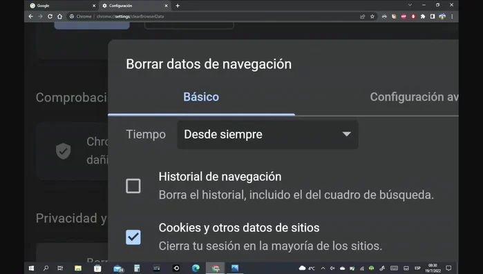 Tildar 'Cookies y otros datos de sitios' y 'Imágenes y archivos almacenados en caché'.
