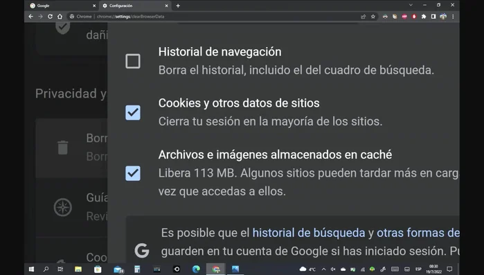 Tildar 'Cookies y otros datos de sitios' y 'Imágenes y archivos almacenados en caché'.