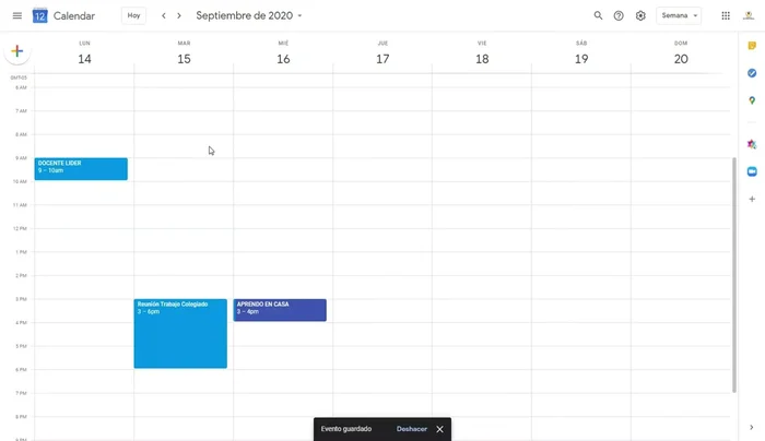Ajustar la duración de un evento: Si necesitas modificar la hora de un evento, haz clic en el recuadro del evento y arrastra la flecha hacia arriba o hacia abajo para ajustar la duración.