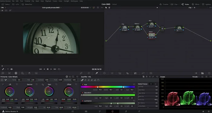 Ajustes en el nodo paralelo 'Watch': Utilizar Qualifier para seleccionar el reloj y aplicar ajustes de color sutiles para generar contraste.