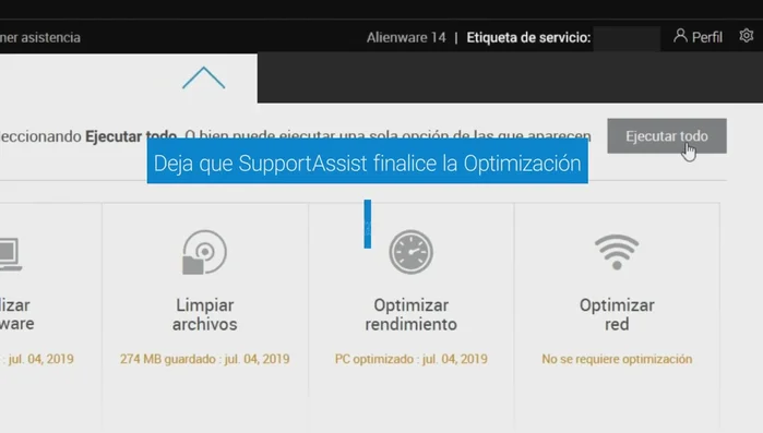Deja que SupportAssist finalice la optimización. Reinicia tu sistema si es requerido.