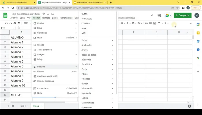 Insertar la función 'PROMEDIO' e indicar el rango de celdas con las notas.