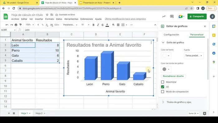 Personalizar el gráfico: editar título, colores, fuentes, formato 3D ('Personalizar' > 'Estilo de gráfico').