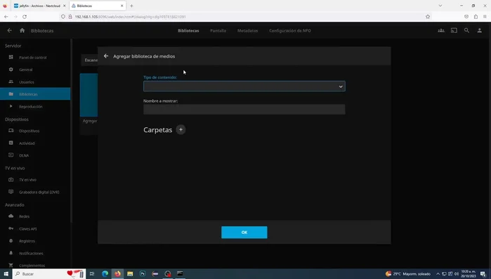Seleccionar la ruta de la carpeta creada en Nextcloud como la ubicación de la biblioteca en Jellyfin.