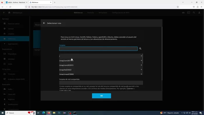 Seleccionar la ruta de la carpeta creada en Nextcloud como la ubicación de la biblioteca en Jellyfin.