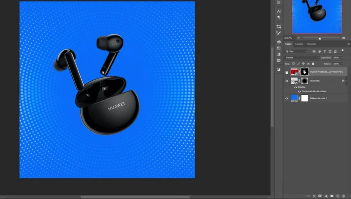 Crear una sombra debajo del producto usando un pincel circular difuso de color negro en una capa nueva debajo de la capa del producto.