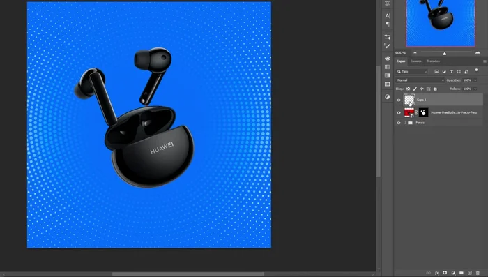 Crear una sombra debajo del producto usando un pincel circular difuso de color negro en una capa nueva debajo de la capa del producto.