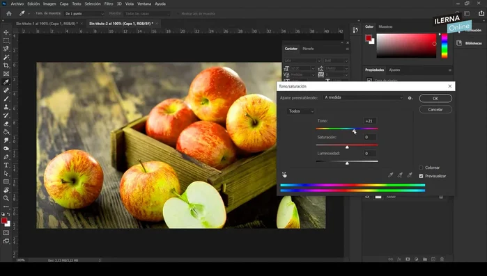 Ajustar Tono/Saturación: Cambiar el color, la saturación y la luminosidad de áreas específicas (requiere selección previa).