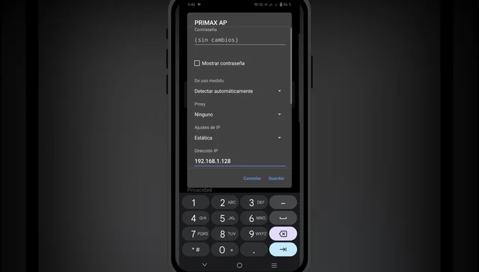 En 'Dirección IP', modificar solo el último dígito por cualquier número. Dejar los valores de 'Máscara de subred', 'Puerta de enlace' y 'DNS1' y 'DNS2' como están (en el ejemplo del video eran 30).