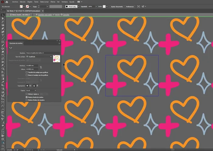 Verifica que las copias del motivo encajen perfectamente. Si no, ajusta las posiciones de las formas dentro del módulo.