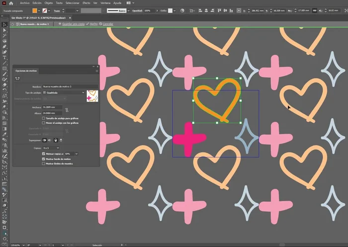 Verifica que las copias del motivo encajen perfectamente. Si no, ajusta las posiciones de las formas dentro del módulo.