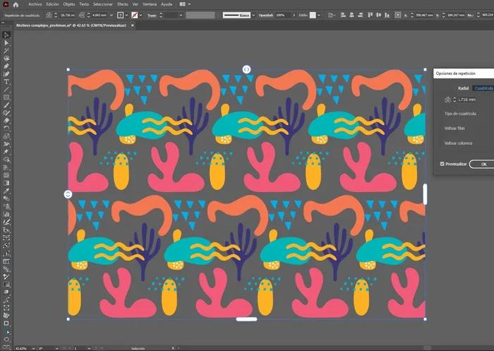 Cambia el tipo de cuadrícula (ej: ladrillo por fila o columna) y aplica opciones de reflexión.