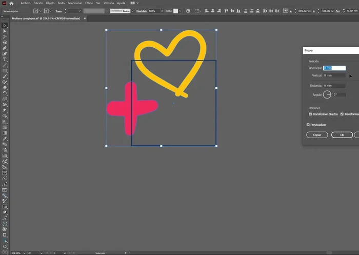 Mueve las formas en el módulo la distancia exacta del tamaño del módulo (ej: 2 cm vertical y horizontalmente).