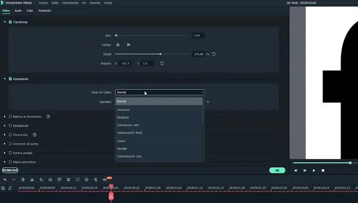 Ajustar el modo de fusión. Usar el modo "Aclarar" para las letras con fondo blanco, permitiendo que el video de fondo se vea a través de las letras.