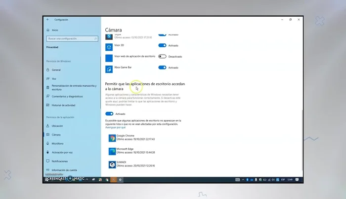 Habilitar 'Permitir que las aplicaciones de escritorio accedan a la cámara'