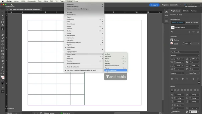 Abrir paneles necesarios: Abre los paneles 'Tabla', 'Estilos de Celda', y 'Estilos de Carácter' desde el menú 'Ventana'.