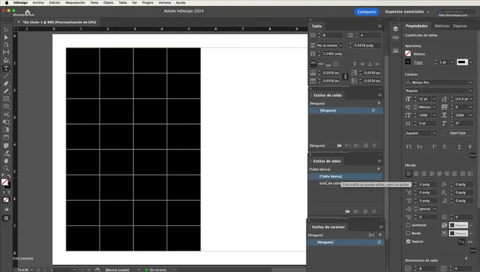 Crear un nuevo estilo de tabla: En el panel 'Estilos de Tabla', haz clic en el signo '+' para crear un nuevo estilo. Nombralo (ej. 'Tabla General') y configura los bordes, trazos de fila y columna, y rellenos según tus preferencias. Previsualiza los cambios en la esquina inferior izquierda.