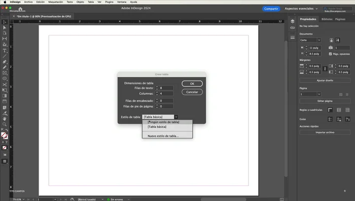 Seleccionar un estilo de tabla base (opcional): Si deseas partir de un estilo predefinido, selecciónalo antes de crear la tabla. De lo contrario, selecciona 'Tabla básica' o crea uno nuevo.