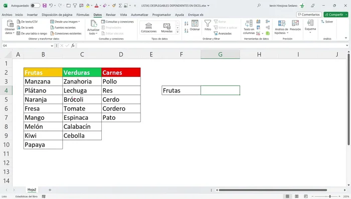 Asignar nombres a los rangos de datos de cada categoría (frutas, verduras, carnes). Seleccionar el rango, ir al cuadro de nombres y asignarle el nombre correspondiente.