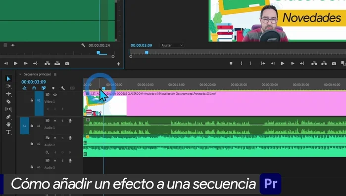 Colocar el cabezal de reproducción en el punto exacto del vídeo donde se quiere insertar el efecto.