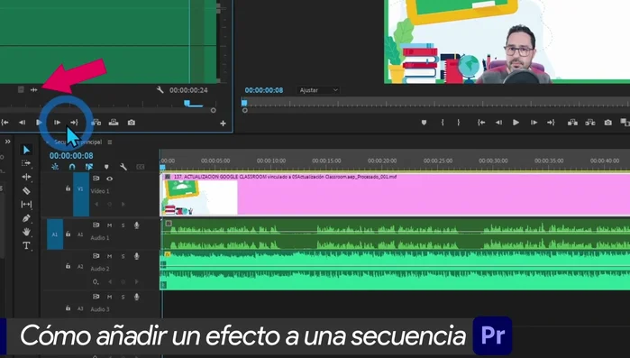 Arrastrar el archivo de audio desde el panel Proyecto hasta la pista de audio correspondiente en la línea de tiempo.