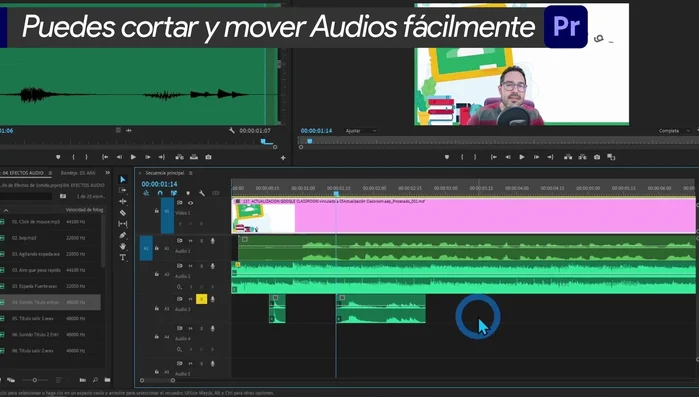 Para ajustar la duración del efecto en la línea de tiempo, usar la herramienta cuchilla (tecla C) para cortar y la herramienta selección (tecla V) para mover segmentos.