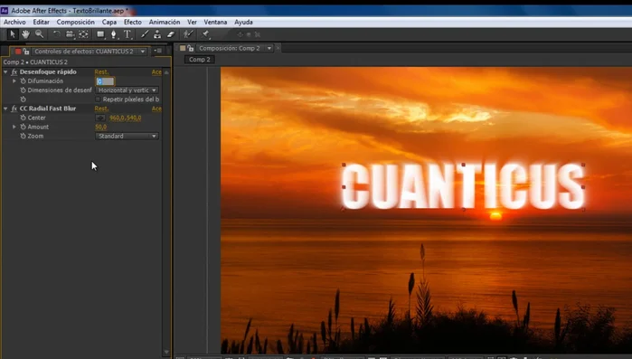 Animar los parámetros "Center" y "Amount" del "CC Radial Fast Blur" para crear el efecto de resplandor que se mueve de izquierda a derecha y luego desaparece. Agregar keyframes en los segundos 0, 1, 2, 3, 4 y 5.