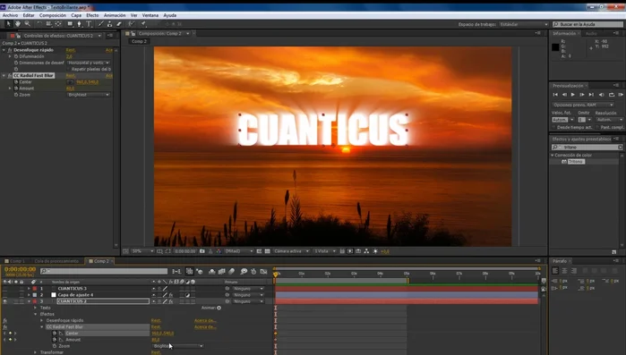 Animar los parámetros "Center" y "Amount" del "CC Radial Fast Blur" para crear el efecto de resplandor que se mueve de izquierda a derecha y luego desaparece. Agregar keyframes en los segundos 0, 1, 2, 3, 4 y 5.