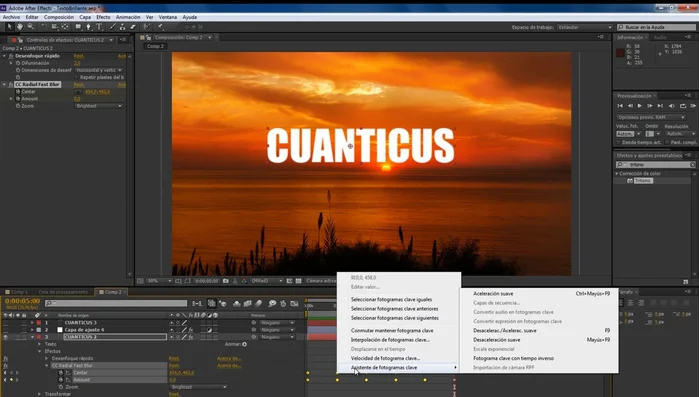 Aplicar la opción "Asistente fotograma clave", "Desacelerar" y "Acelerar" a los keyframes para suavizar la animación.