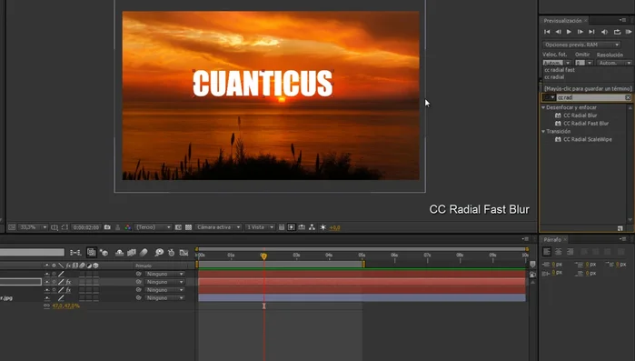 Aplicar el efecto "CC Radial Fast Blur" solo a la segunda capa de texto.