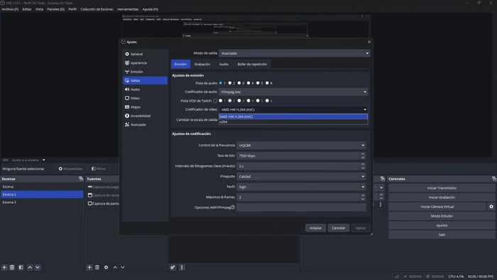 En codificador de video, seleccionar H264.