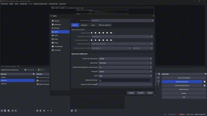 Máximos B-frames: 2 (recomendado), ajustar a 0 o 1 (para PCs de gama baja o baja latencia), o 4 (para mejor calidad con mayor consumo de recursos y latencia).