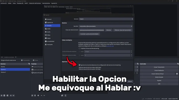 En emisión, deshabilitar "Ignorar recomendaciones del servicio de streaming" (para Twitch).