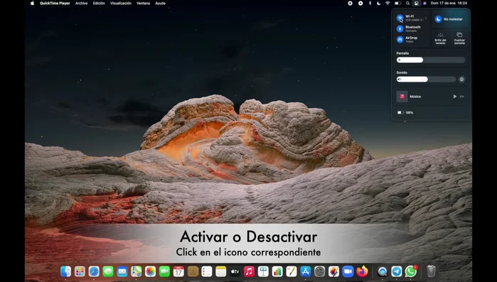 Gestionar Wi-Fi y Bluetooth: Haz clic en los iconos de Wi-Fi y Bluetooth para activarlos o desactivarlos. Para ver más opciones, haz clic en el texto o la flecha a la derecha de cada icono.